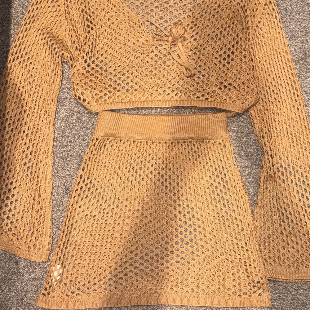 Tan Crochet Knit Top and Skirt Set